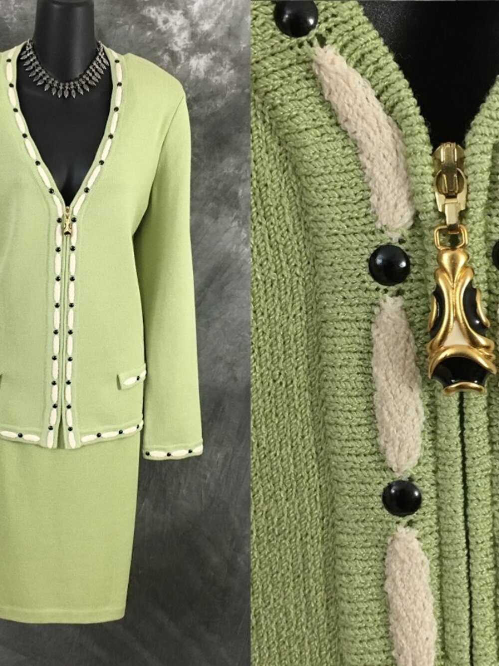BEAUTIFUL St John collection knit green jacket skirt suit size 12 14
